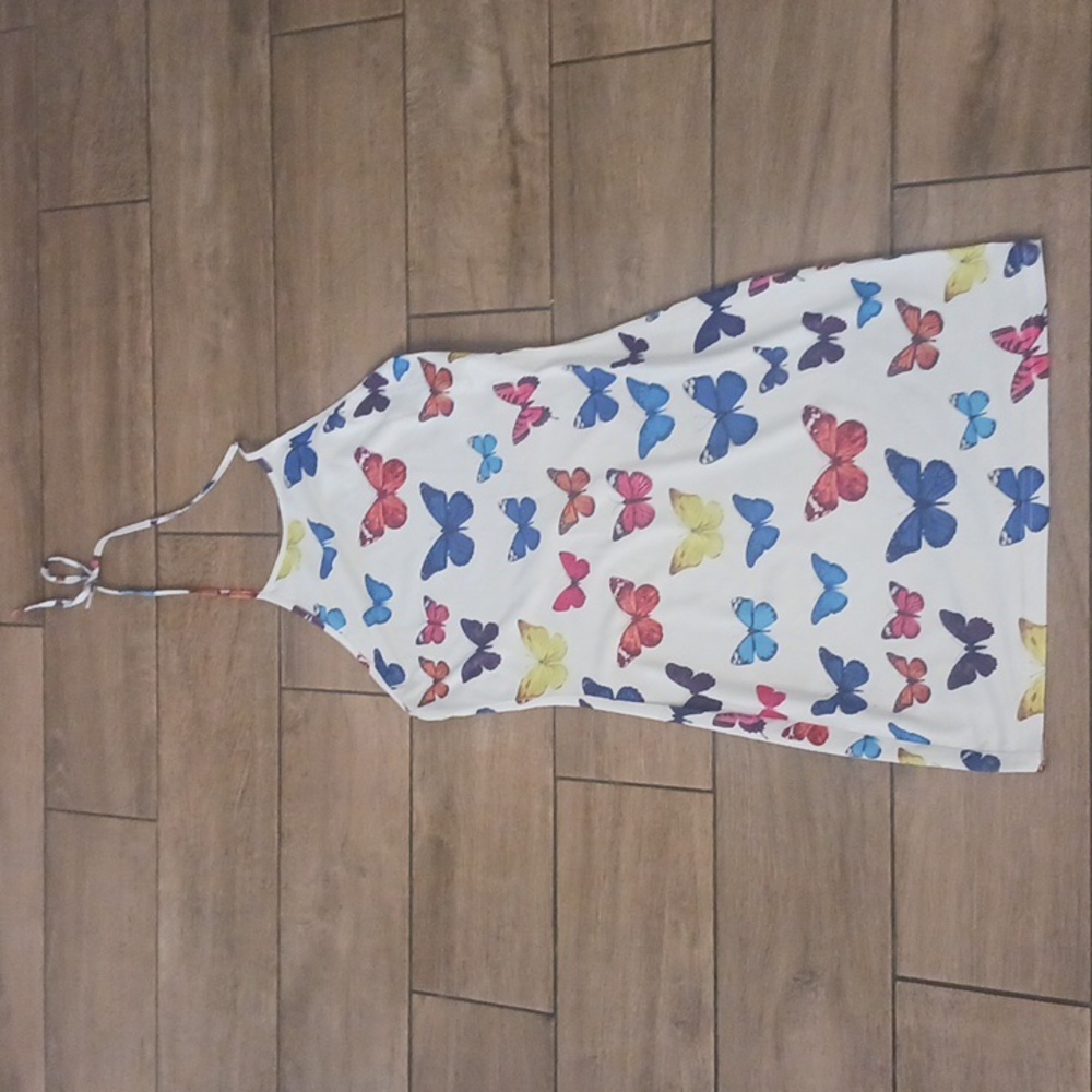SHEIN White With Multicolor Butterflies Halter Neck & Low Back Dress
